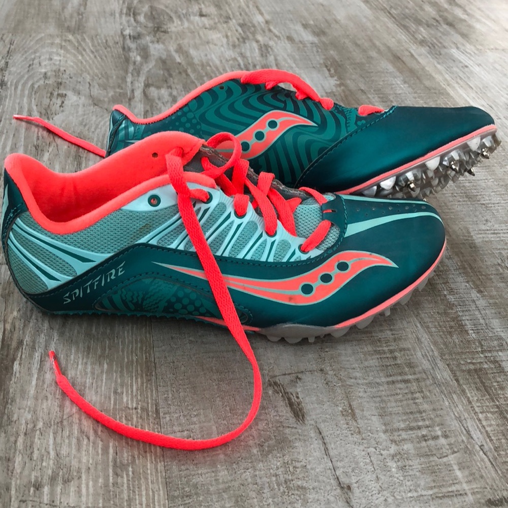 Teal colored track spikes